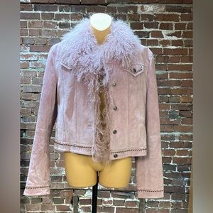 Bebe Lavender Leather Jacket with Sheep’s Fir Collar & Trim